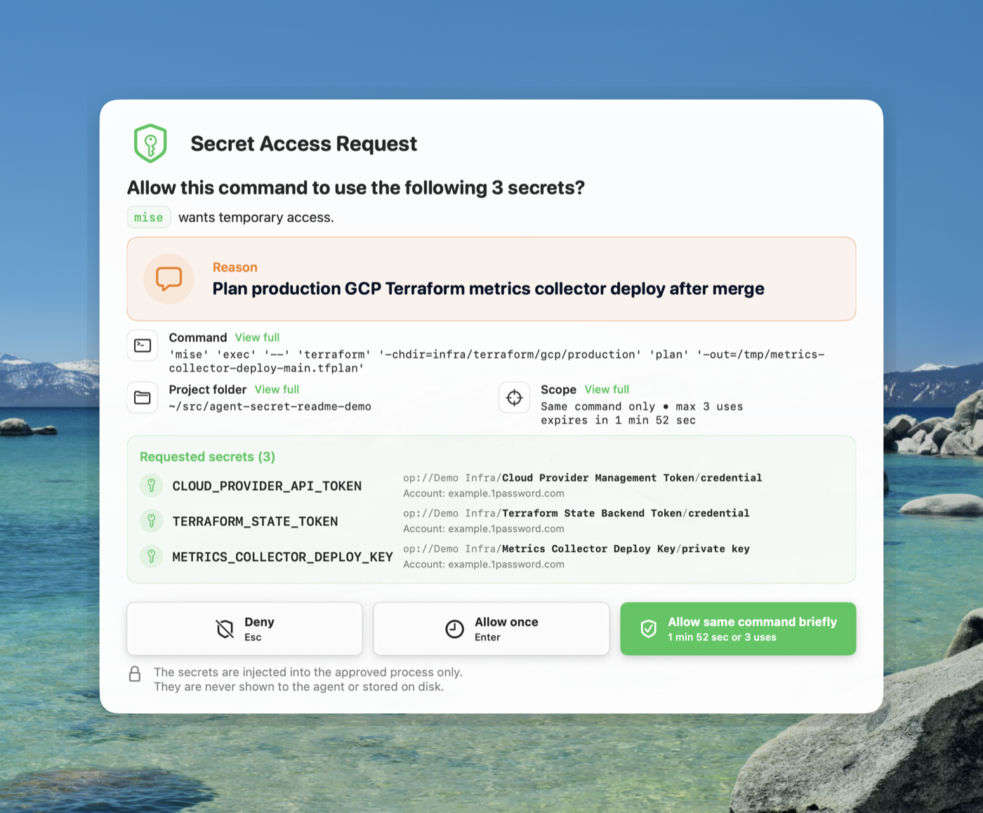 Agent Secret approval prompt showing the reason, command, working directory, and the three secret references being requested
